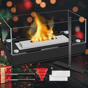 Tabletop Fire Pit, Small Table Fireplace Steel FirePit with 4 Side Glass for Dinner Parties, Smores Maker Kits, Mini Portable Fire Place Indoor Outdoor Table Top Firepit-Home Decor Gift for Women Men