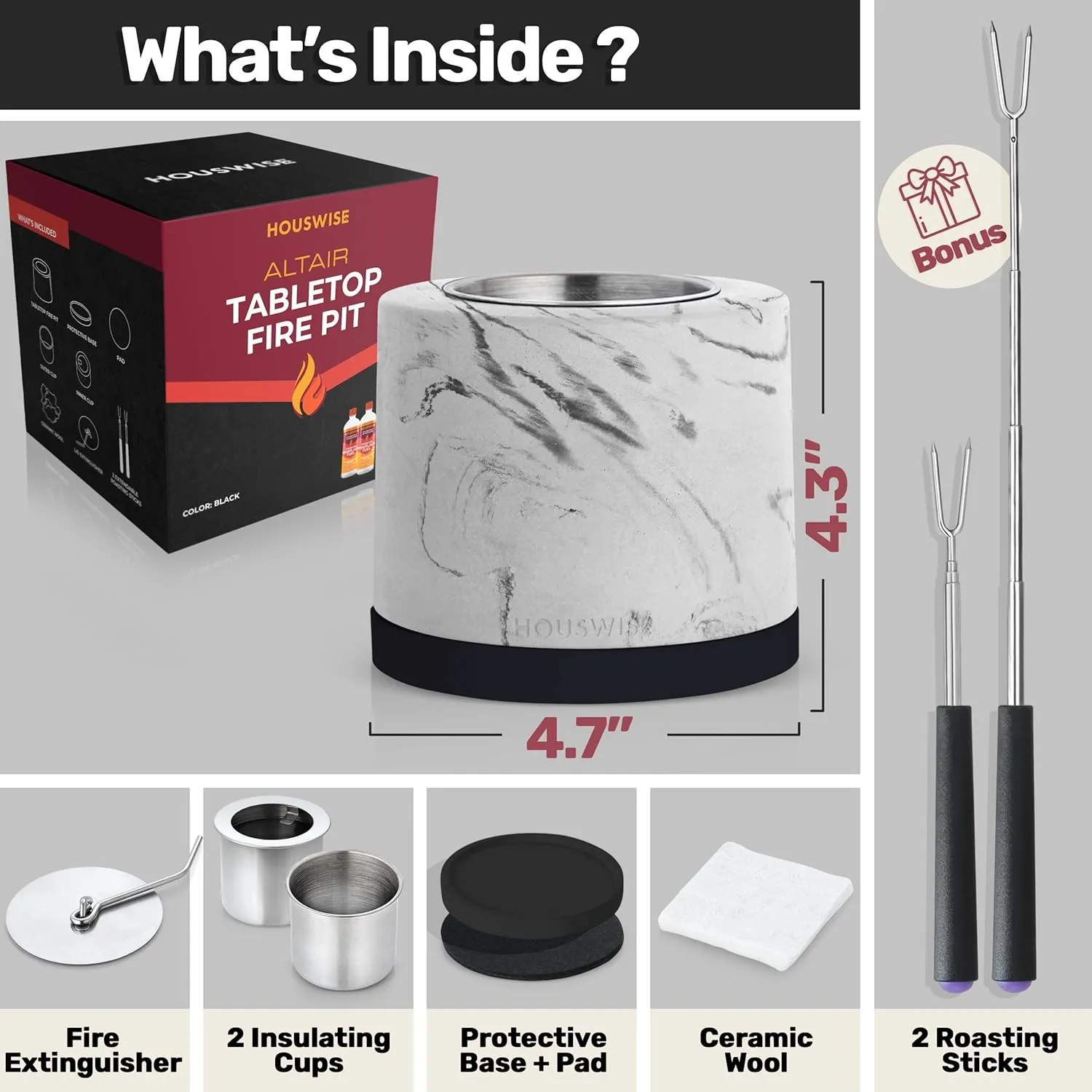 Tabletop Fire Pit Smores Maker Kit - Concrete Outdoor & Indoor Fire Pit Tabletop, Table Top Firepit, Small Portable Mini Indoor Fireplace
