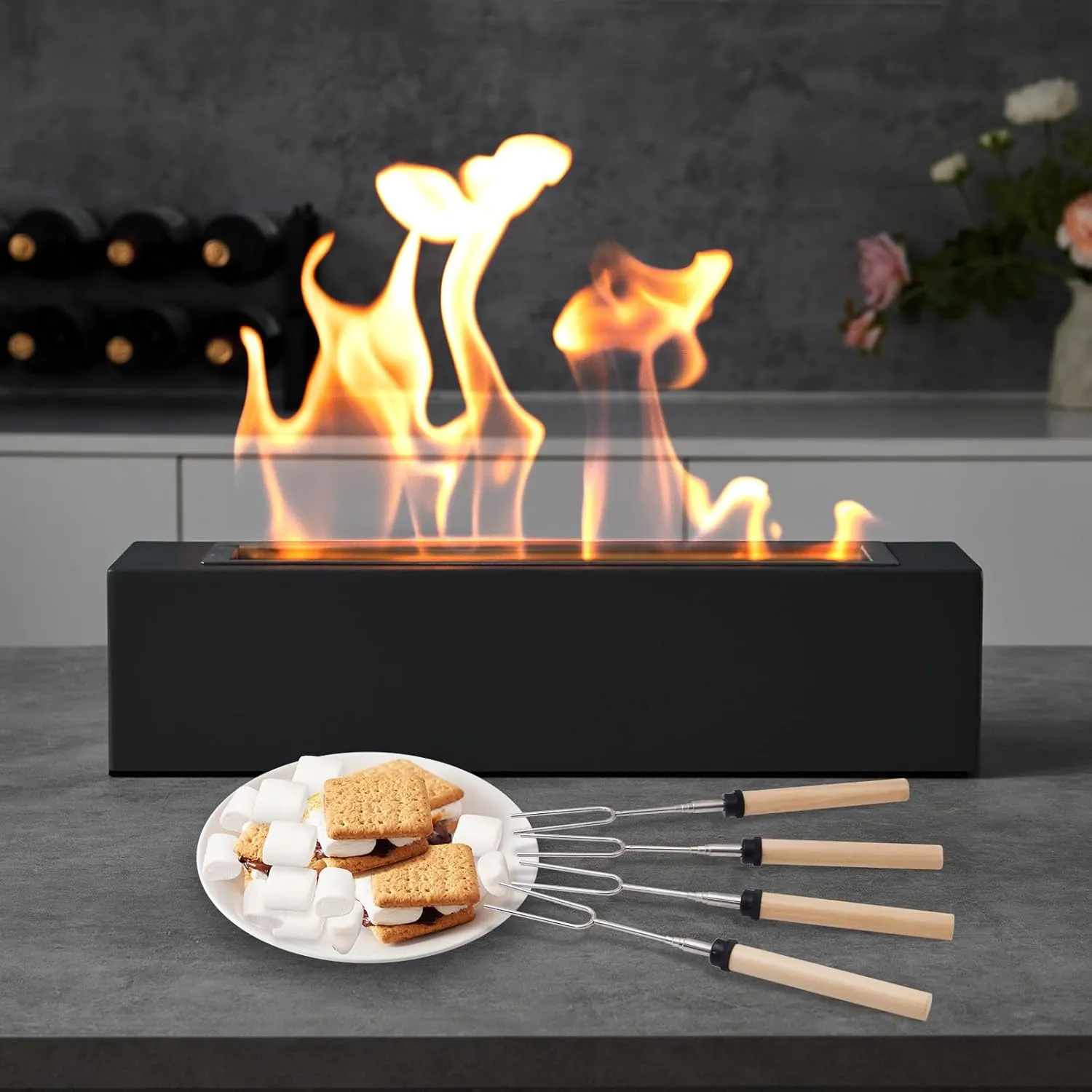 Tabletop Fire Pit - Smores Maker with 4 Extendable Roasting Sticks, Metal Indoor Table Top Firepit & Outdoor Tabletop Fireplaces for Patio & Balcony, Gift for Home Decor Housewarming Wedding Birthday
