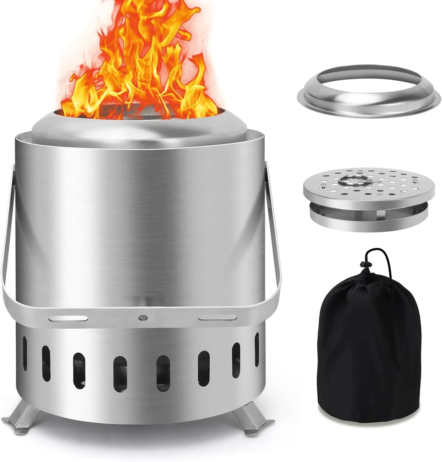 Tabletop Fire Pit with Handle, Smokeless, Stainless Steel Fire Pit with Stand for Camping Backyard Patio, Portable Solo FirePit with Carry Bag for Outside, Silver