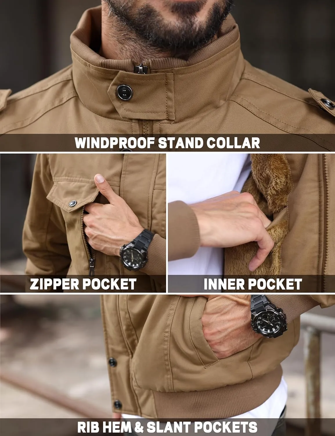 TACVASEN Men's Winter Jacket-Fleece Cotton Military Coat Thicken Casual Cargo Bomber Jacket