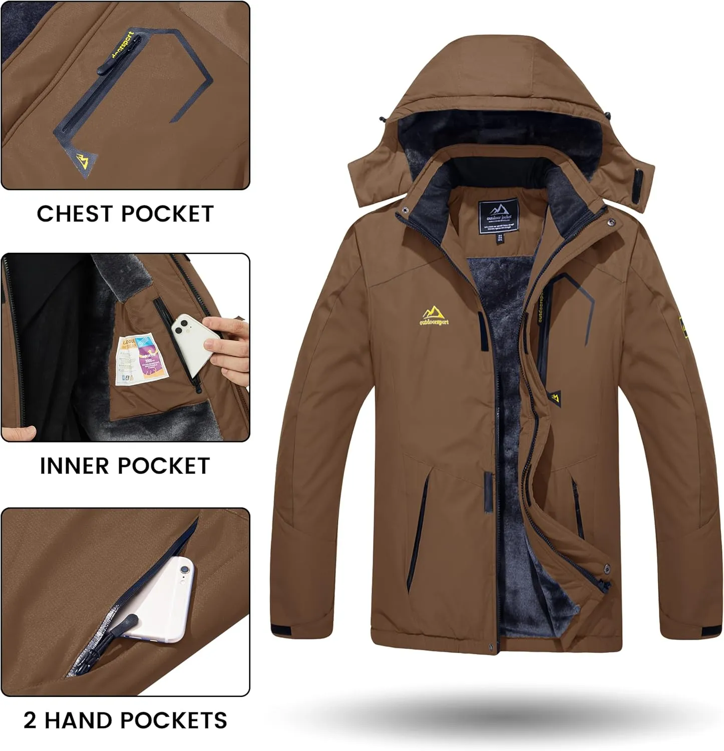 TACVASEN Men's Winter Skiing Jackets Water Resistant Fleece Coats Insulated Thermal Snowboard Jacket Parka Raincoat with Hood