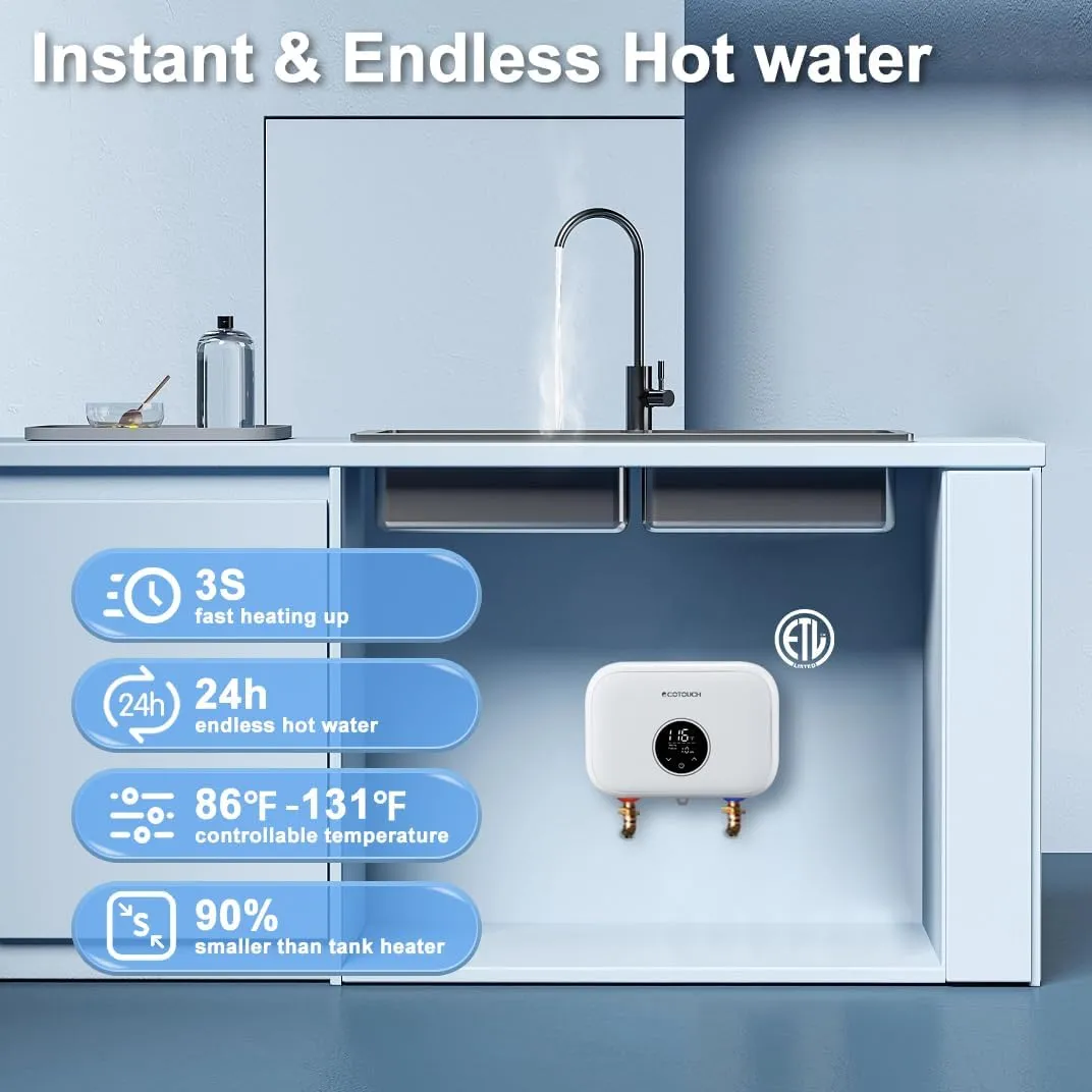 Tankless Water Heater Electric, ECOTOUCH 6kW 240V Point of Use Water Heater on Demand Water Heaters Instant Hot Water Heaters ETL Certificated Self-modulation ECO60SE White