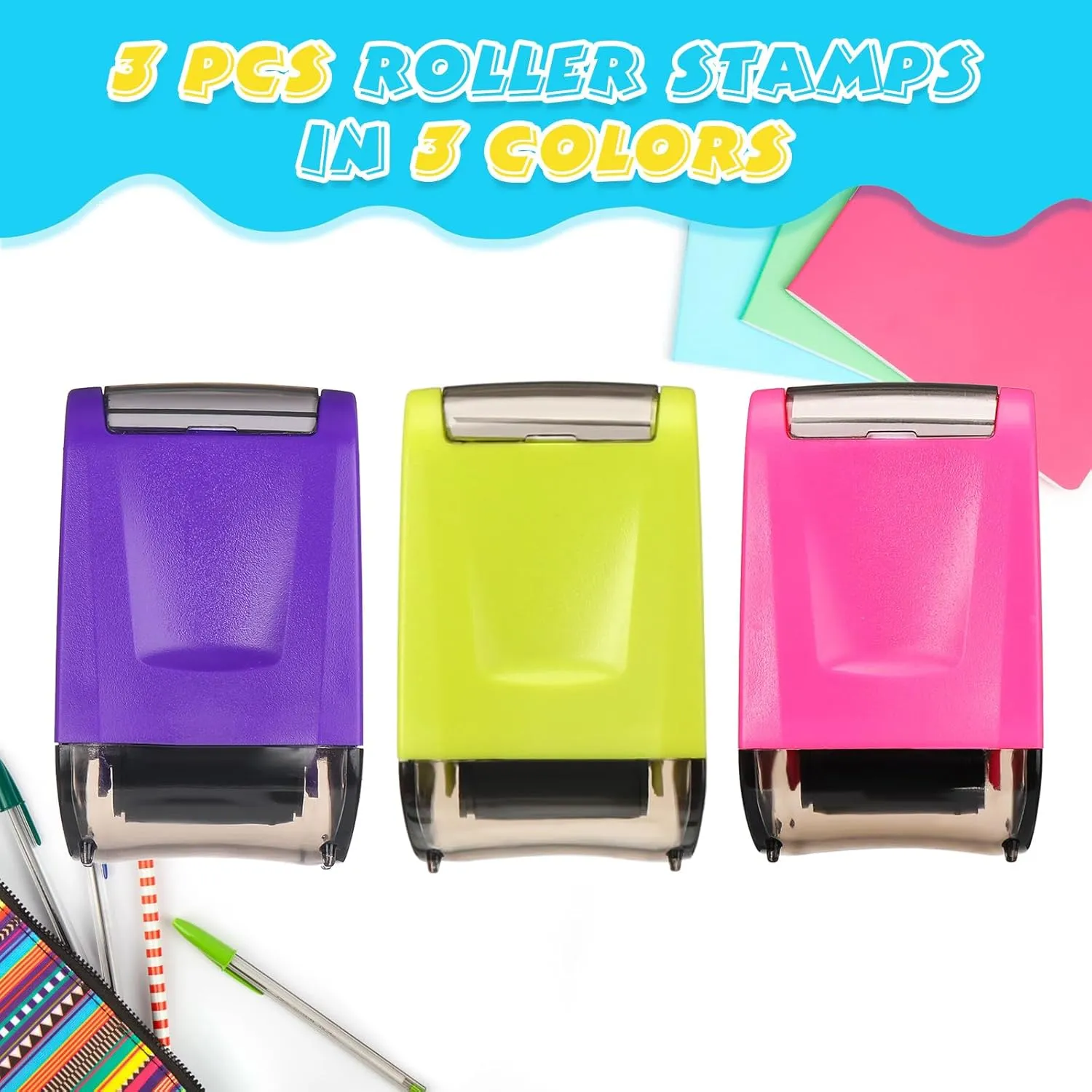 Teling 3 Pcs Dashed Handwriting Line Practice Roller Stamp Self Inking Line Rolling Stamps Teacher Stamp Sentence Strips Handwriting Practice for Kid Teacher Classroom Office (Purple, Green, Pink)