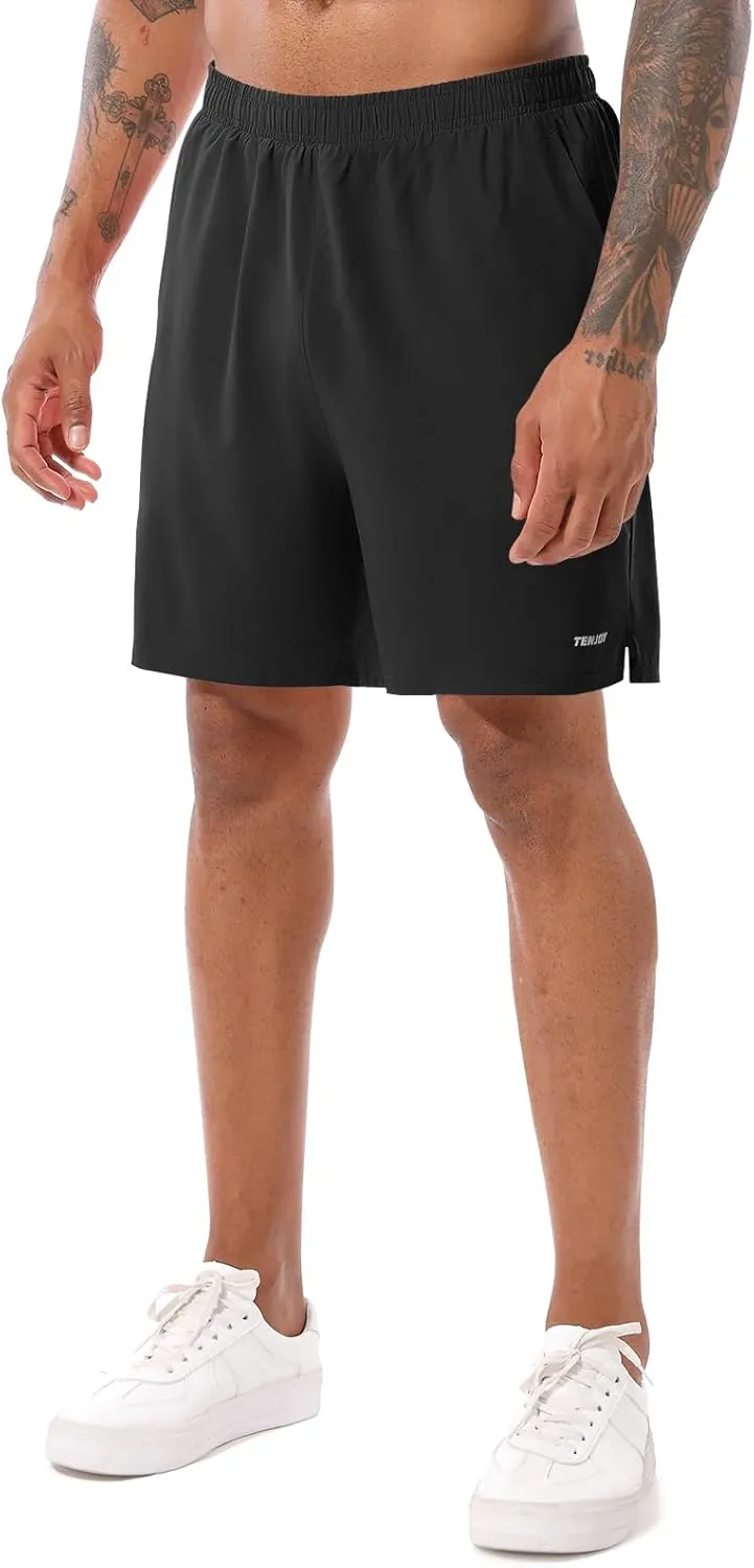 TENJOY Men's 2 in 1 Running Shorts 5 in or 7 in Quick Dry Gym Athletic Workout Shorts for Men with Phone Pockets