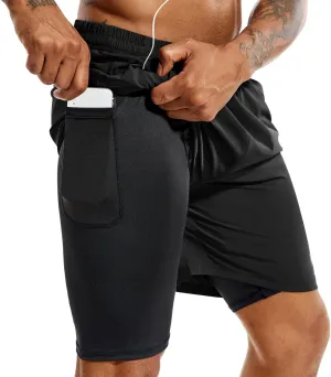 TENJOY Men's 2 in 1 Running Shorts 5 in or 7 in Quick Dry Gym Athletic Workout Shorts for Men with Phone Pockets