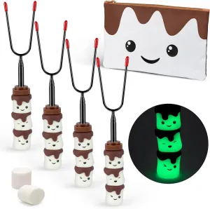 The S'mores Company - Glow in The Dark Marshmallow Roasting Sticks - Set of 4 Rotating Smores Sticks - Telescoping Extra Long Marshmallow Sticks for Fire Pit, Campfire & Bonfire - Camping Accessories
