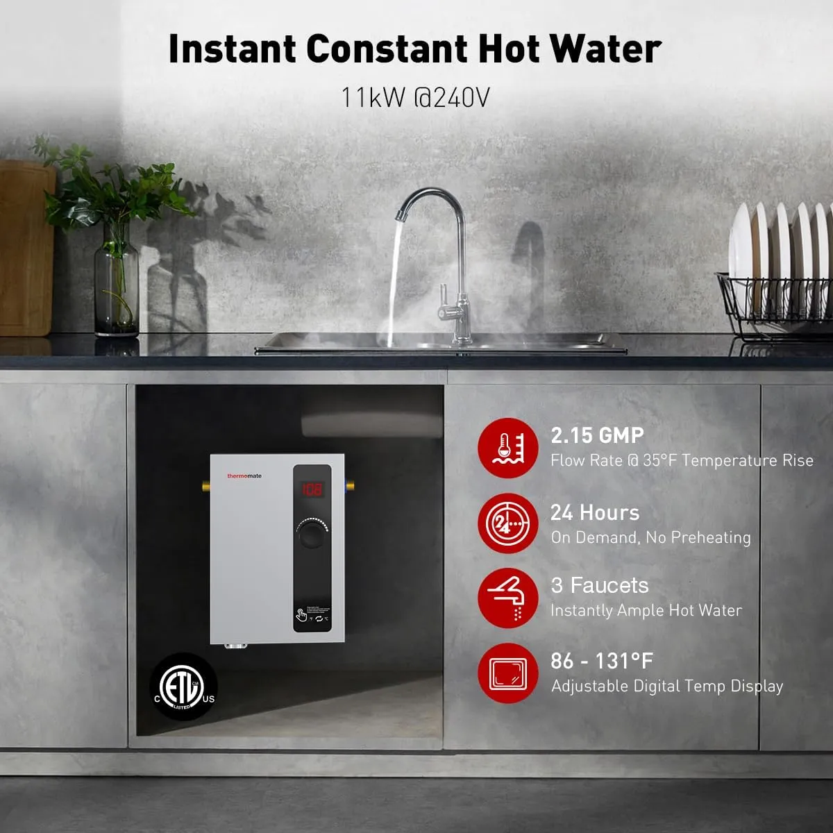 ThermoMate Tankless Water Heater Electric, 11kW at 240 Volt, On Demand Instant Hot Water Heater for Point of Use, Self-Modulating Save Energy, Save Space, 2.15GPM at 35°F Rise
