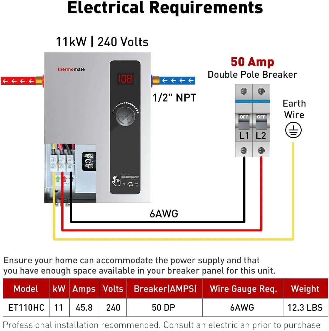 ThermoMate Tankless Water Heater Electric, 11kW at 240 Volt, On Demand Instant Hot Water Heater for Point of Use, Self-Modulating Save Energy, Save Space, 2.15GPM at 35°F Rise
