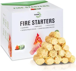 TIFMI Fire Starter - 60 Pcs Fire Starters Kit for Campfires, Fireplace, Grill, Wood & Pellet Stove, Fire Pit, BBQ, Survival, ooni Pizza Ovens, Water Resistant and Odorless Safe for Indoor/Outdoor Use