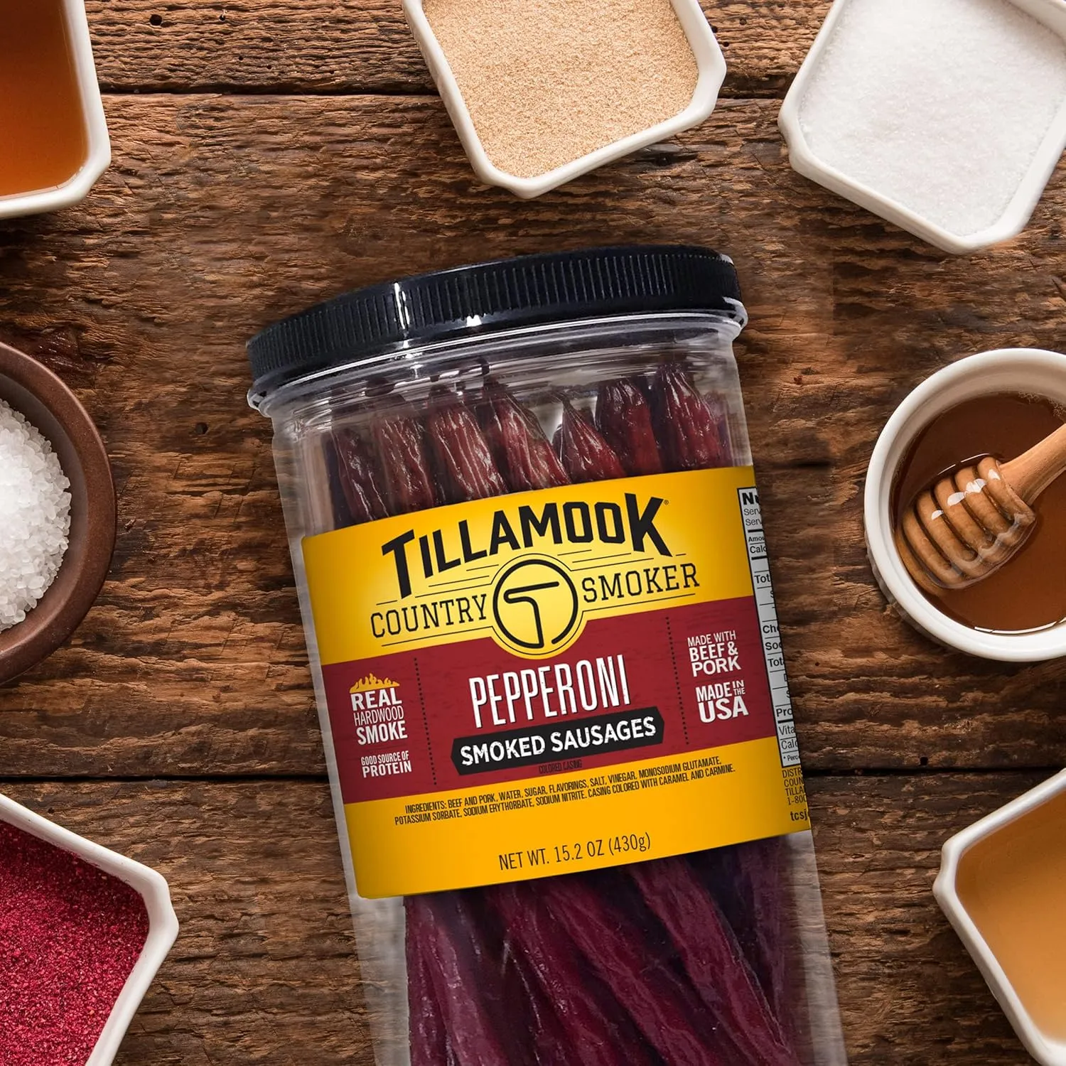 Tillamook Country Smoker Real Hardwood Smoked Sausages, Pepperoni, 15.2 Ounce Tall Jar, 20 Count
