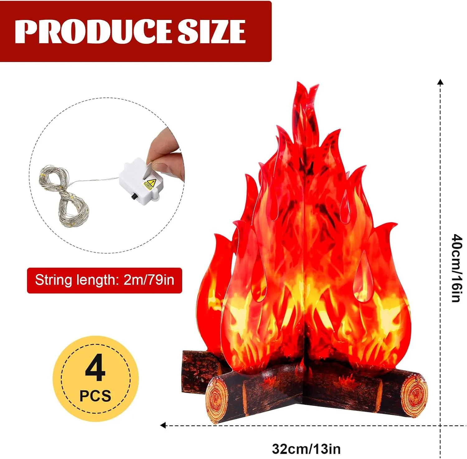 Tioncy 4 Set Fake Fire Campfire Centerpiece 3D Artificial Fake Flames with LED String Lights Fire Cardboard for Camping Party Christmas Decorations(15.8 Inch)