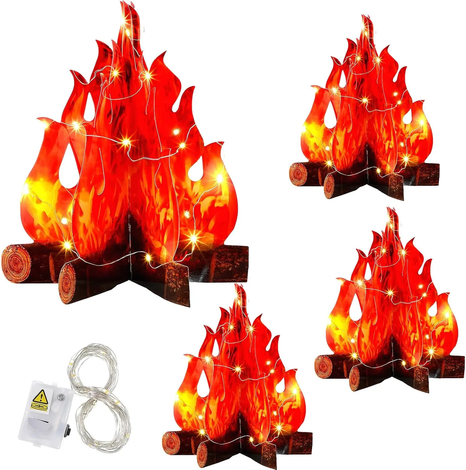 Tioncy 4 Set Fake Fire Campfire Centerpiece 3D Artificial Fake Flames with LED String Lights Fire Cardboard for Camping Party Christmas Decorations(15.8 Inch)