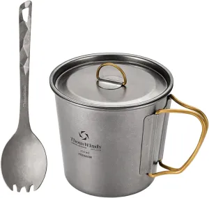Titanium Mug & Spork Set, 450ml lightweight coffee cup, Portable Tableware for Outdoor Backpacking Hiking Picnic