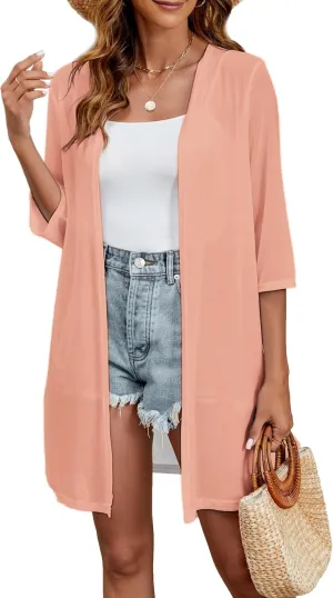 Totatuit Women 3/4 Sleeve Open Front Cardigan Sheer Kimono Swimsuit Coverups Duster