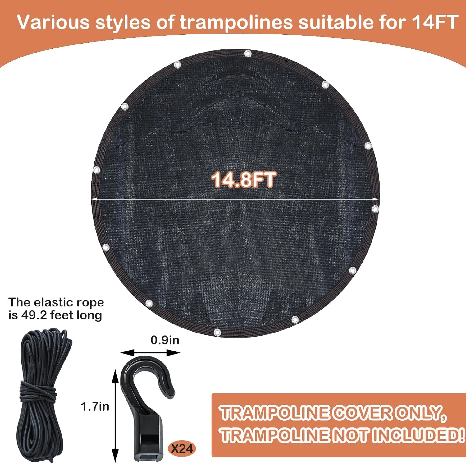 Trampoline Cover Round 12 Holes 90% Sunblock Shade Cloth 14FT Black Trampoline Top Shade Cover Sun Shade Mesh Tarp with 49FT Elastic Cord & 24 Plastic Hooks for Outdoor Backyard Playground(Tent Only)