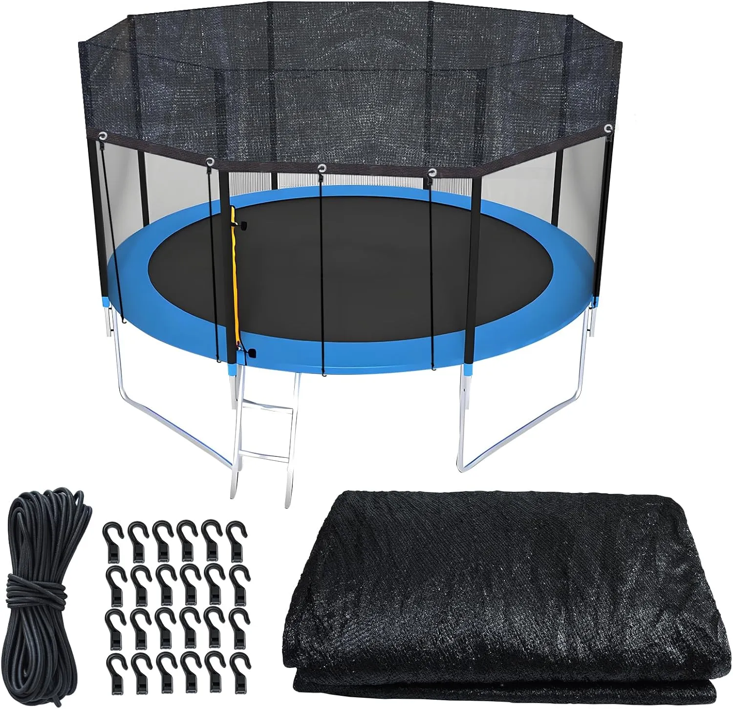 Trampoline Cover Round 12 Holes 90% Sunblock Shade Cloth 14FT Black Trampoline Top Shade Cover Sun Shade Mesh Tarp with 49FT Elastic Cord & 24 Plastic Hooks for Outdoor Backyard Playground(Tent Only)