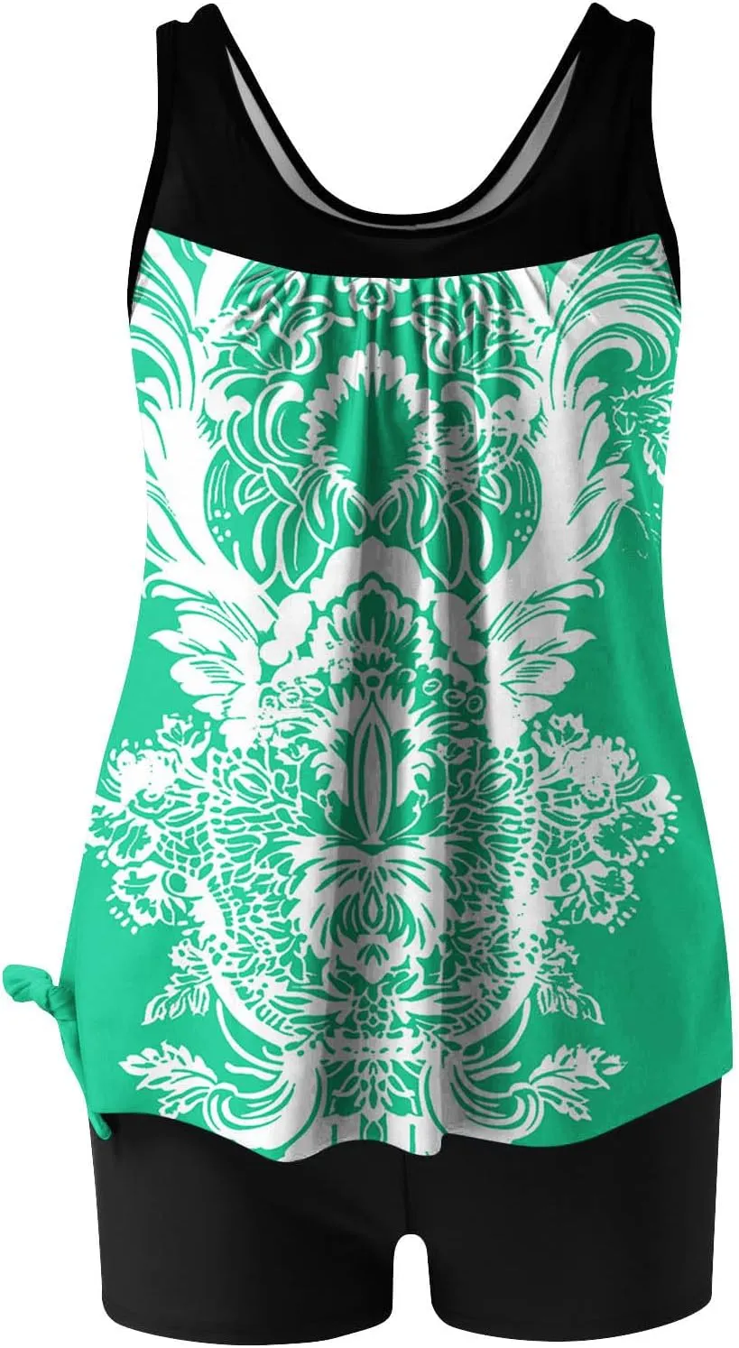 Two Piece Women's Tankini Swimsuits Floral Print Colorblock Swim Tank Top with Shorts Summer Fashion Bathing Suits