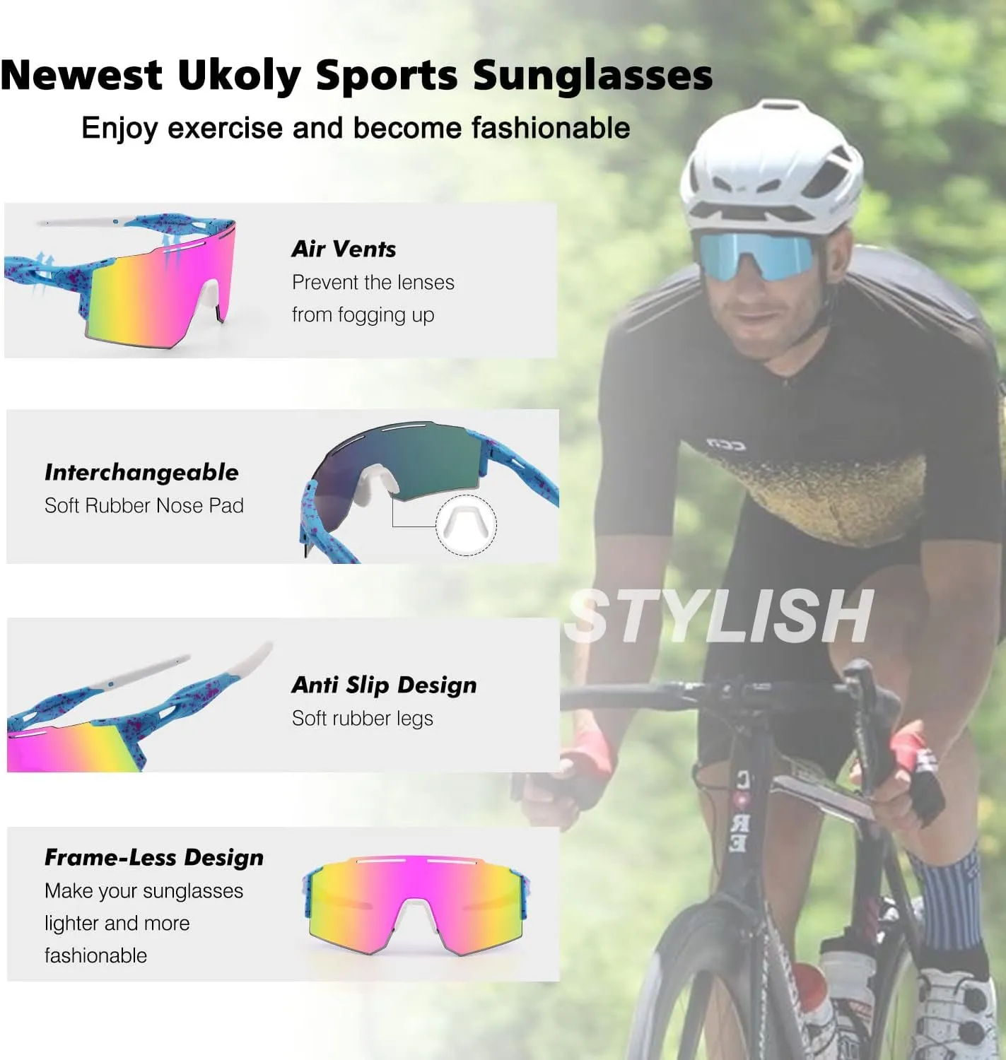 Ukoly Cycling Sunglasses for Men Women with 3 Interchangeable Lenses, Polarized Sports Sunglasses, Baseball Sunglasses