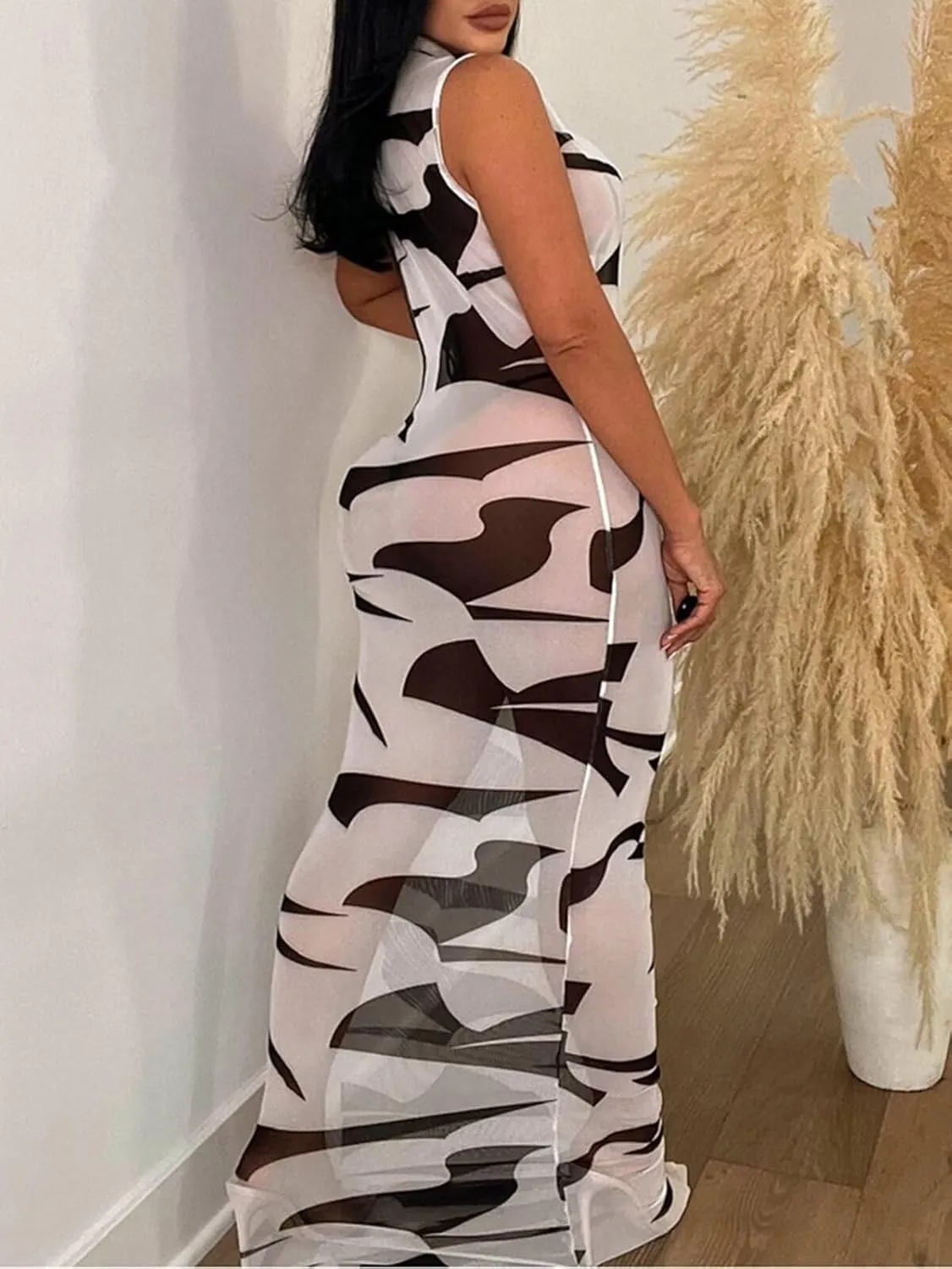 Uni Clau 3 Piece Swimsuits for Women Sexy Bikini Set Beach Cover Up Print Cut Out Halter Sheer Mesh Maxi Dress Bathing Suits