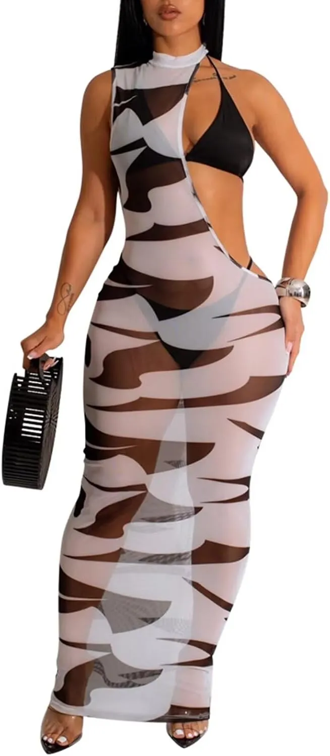 Uni Clau 3 Piece Swimsuits for Women Sexy Bikini Set Beach Cover Up Print Cut Out Halter Sheer Mesh Maxi Dress Bathing Suits