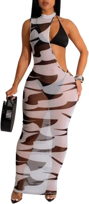 Uni Clau 3 Piece Swimsuits for Women Sexy Bikini Set Beach Cover Up Print Cut Out Halter Sheer Mesh Maxi Dress Bathing Suits