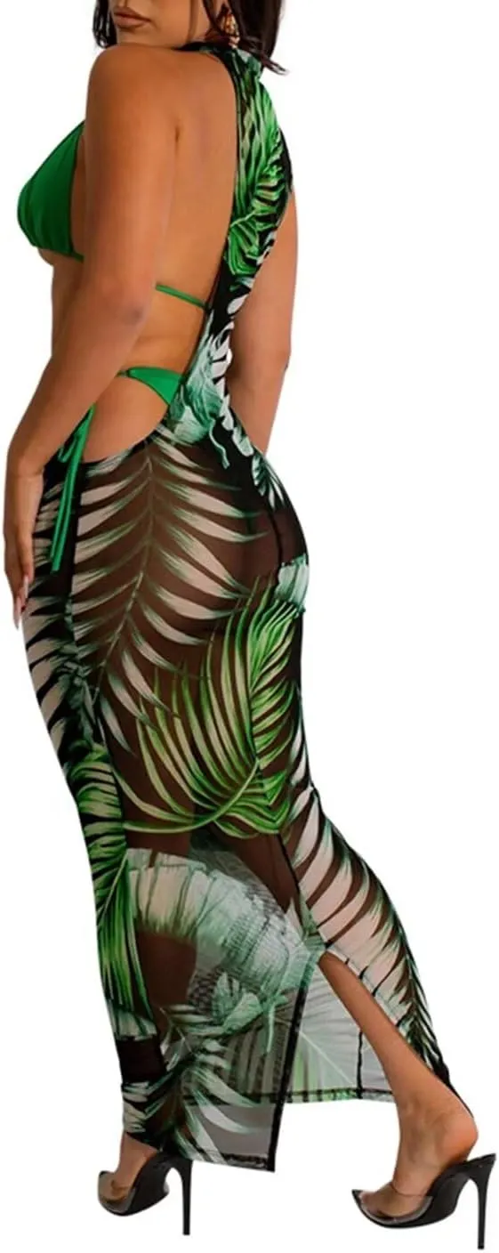 Uni Clau 3 Piece Swimsuits for Women Sexy Bikini Set Beach Cover Up Print Cut Out Halter Sheer Mesh Maxi Dress Bathing Suits