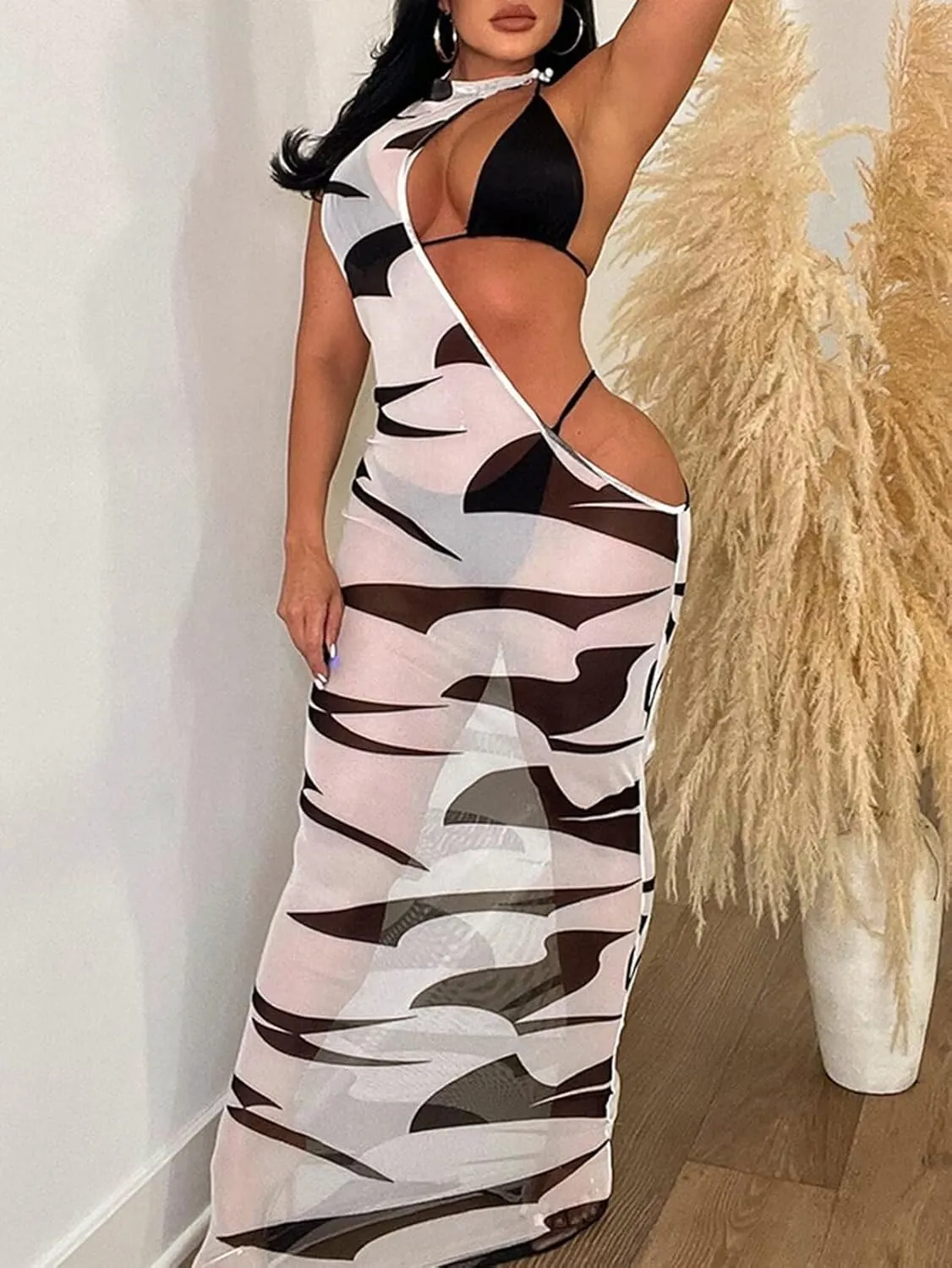 Uni Clau 3 Piece Swimsuits for Women Sexy Bikini Set Beach Cover Up Print Cut Out Halter Sheer Mesh Maxi Dress Bathing Suits