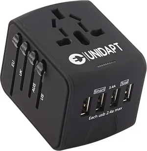 Universal Travel Adapter, Unidapt International Plug Adapter with 4 USB Ports, Pin Converter Power Adaptor Charger for Travel in EU, UK, AU, US, Black