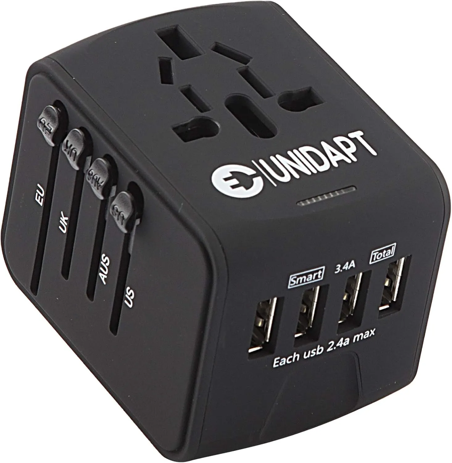 Universal Travel Adapter, Unidapt International Plug Adapter with 4 USB Ports, Pin Converter Power Adaptor Charger for Travel in EU, UK, AU, US, Black