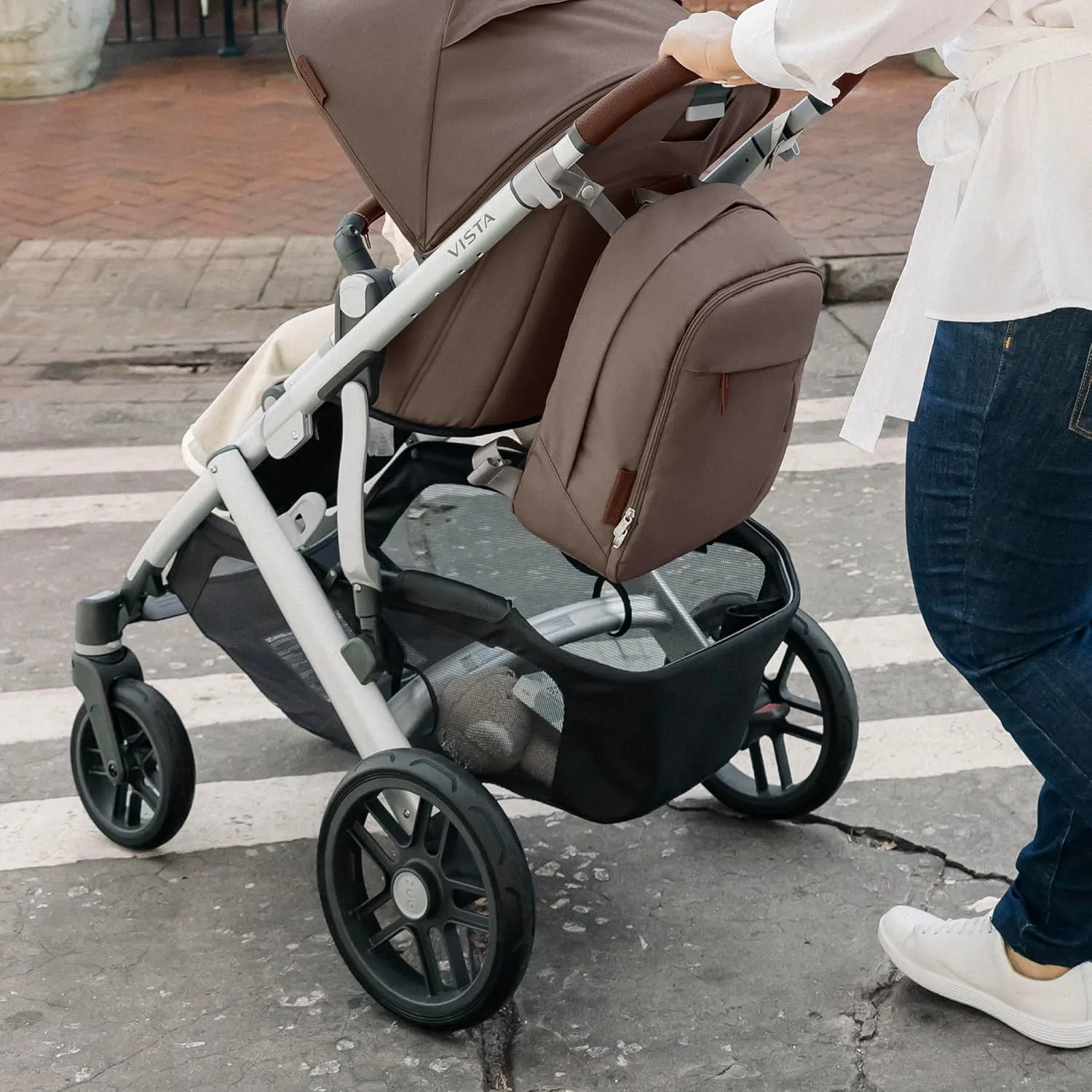 UPPAbaby Changing Backpack/Multiple Storage Compartments/Stroller Strap Attachment/Bottle Insulator and Changing Pad Included/Anthony (White and Grey Chenille/Chestnut Leather)