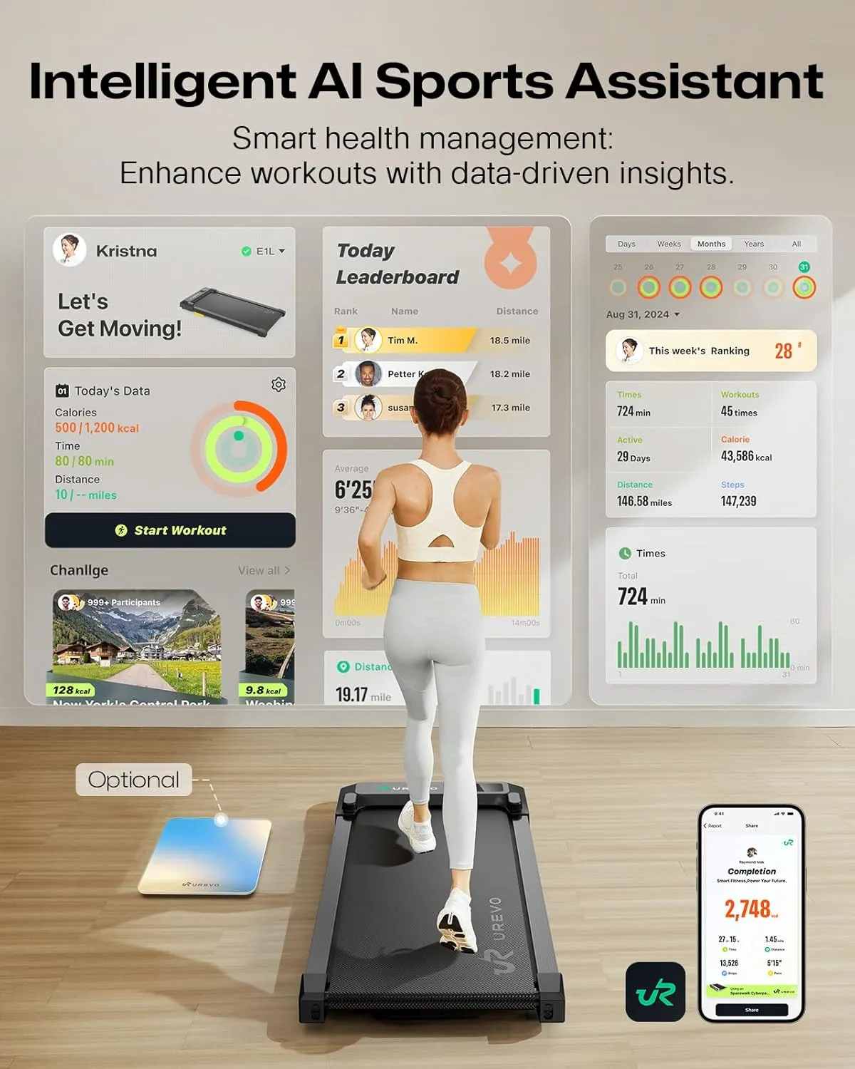 UREVO Smart Walking Pad, Compact Under Desk Treadmill with Double Shock Absorption, Quiet Operation, Workout APP with Track Insights and MIIT Mode, Plug and Play, Remote or APP Control for Home Office