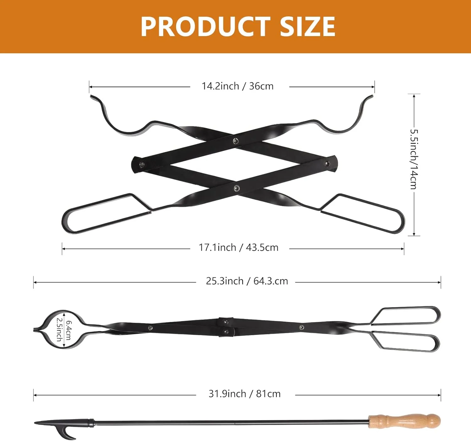 Uten 32-Inch Fireplace Fire Pit Campfire Poker Stick and 26-Inch Campfire Fireplace Tongs, Black Solid Steel, Wood Stove, Log Grabber, Camping, Outdoor and Indoor Use.