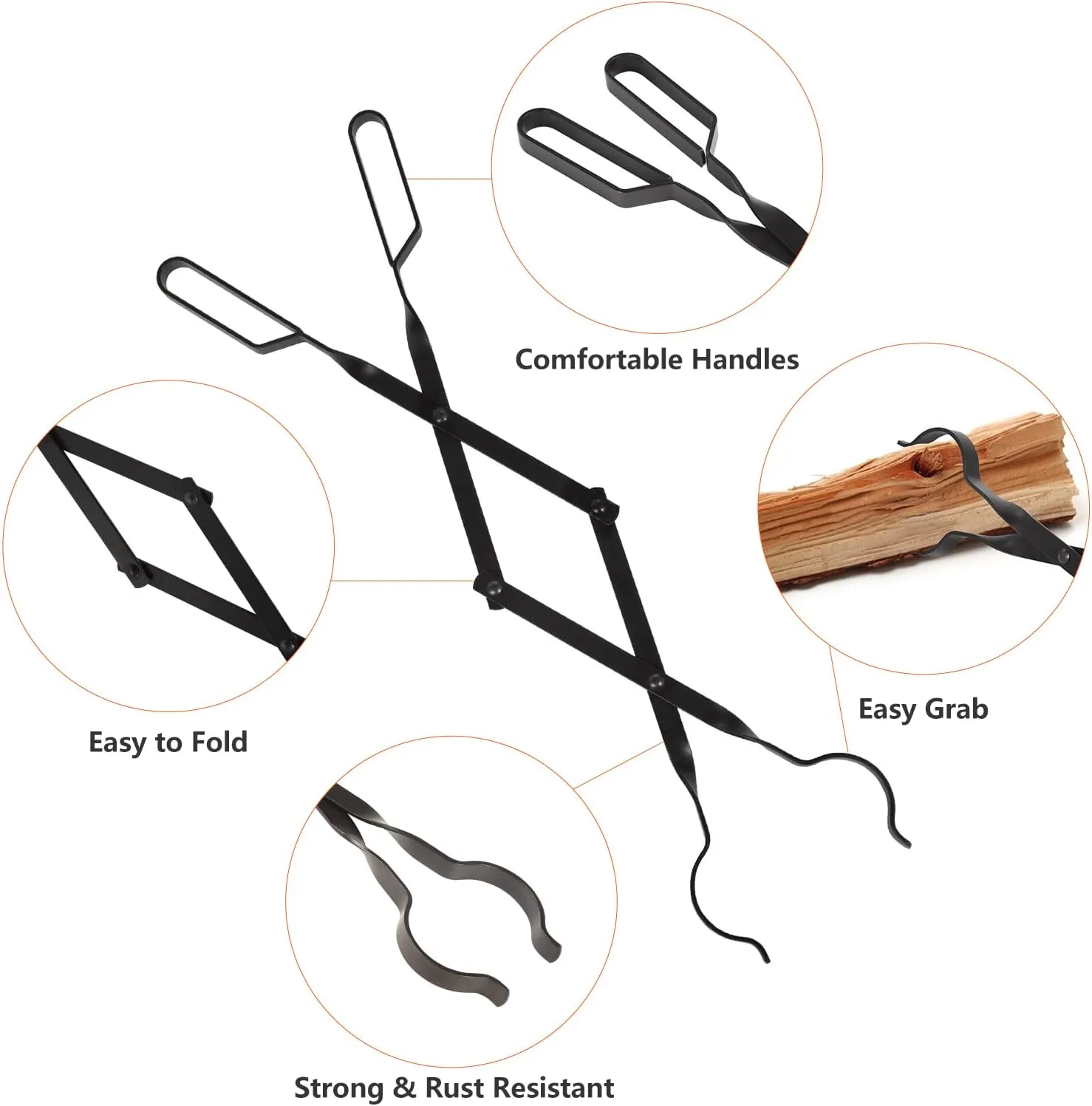 Uten 32-Inch Fireplace Fire Pit Campfire Poker Stick and 26-Inch Campfire Fireplace Tongs, Black Solid Steel, Wood Stove, Log Grabber, Camping, Outdoor and Indoor Use.