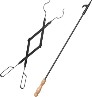 Uten 32-Inch Fireplace Fire Pit Campfire Poker Stick and 26-Inch Campfire Fireplace Tongs, Black Solid Steel, Wood Stove, Log Grabber, Camping, Outdoor and Indoor Use.