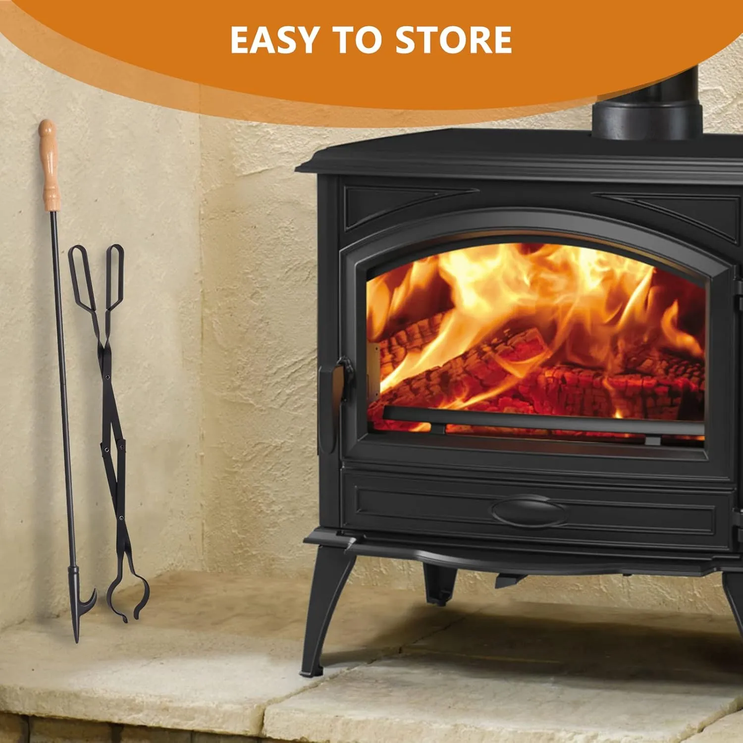 Uten 32-Inch Fireplace Fire Pit Campfire Poker Stick and 26-Inch Campfire Fireplace Tongs, Black Solid Steel, Wood Stove, Log Grabber, Camping, Outdoor and Indoor Use.