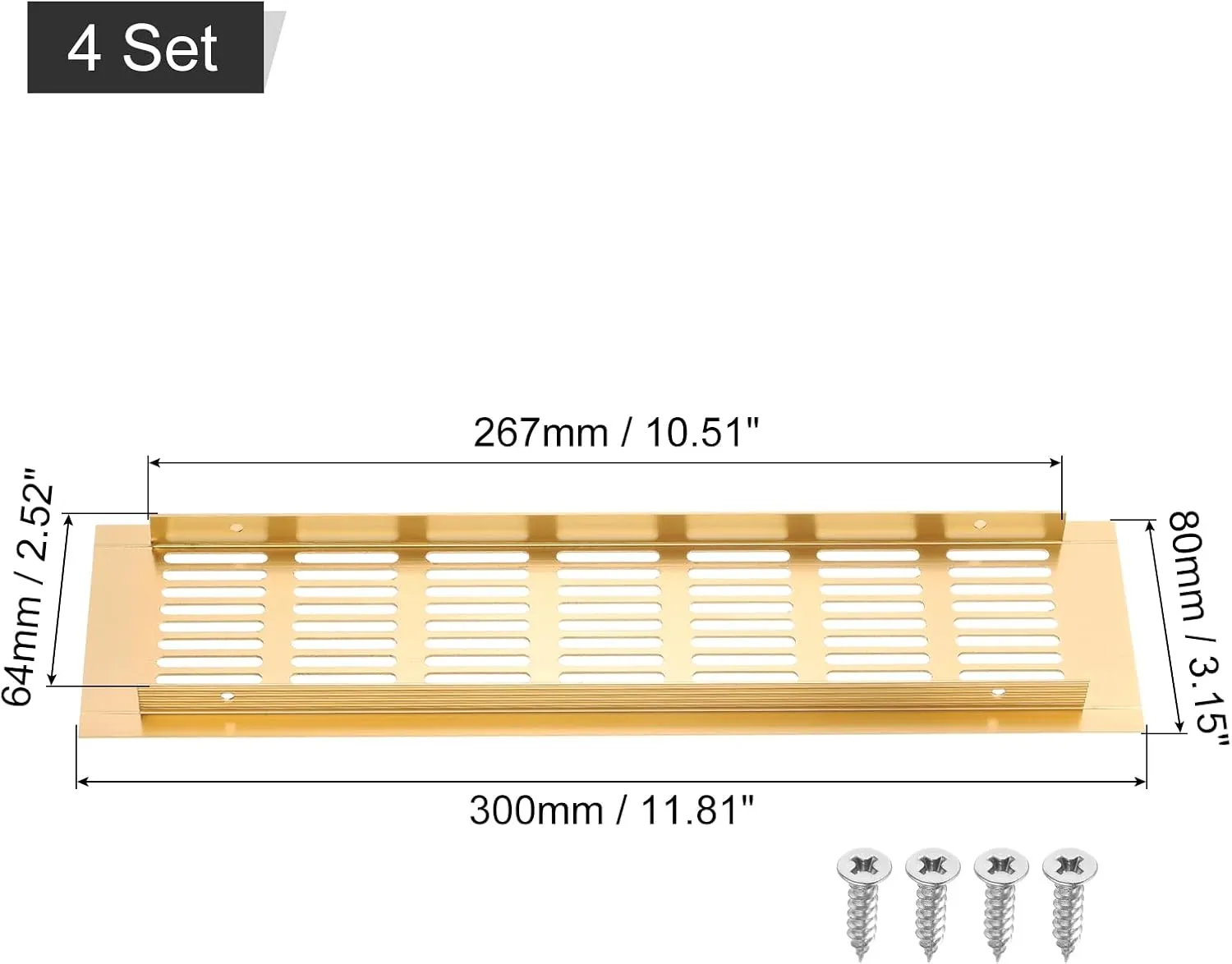 uxcell Air Vents Cover, 4Pcs 300 x 80mm - Aluminum Alloy Mesh Air Return Vent Cover, Rectangle Louvered Ventilation Grille for Shoe Cabinet Wardrobe (Gold)