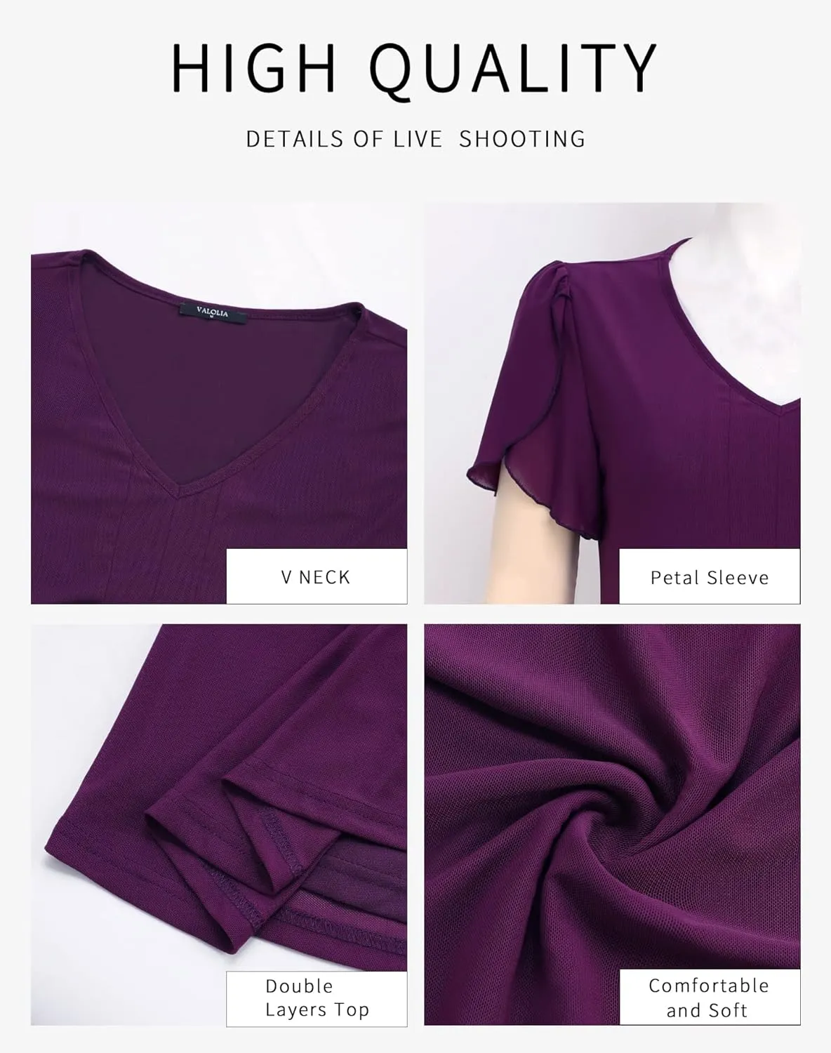 VALOLIA Womens Tops Short Sleeve Shirts Casual V Neck Blouse Double Layers Mesh Tunics Tops