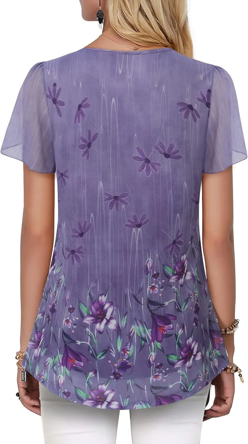VALOLIA Womens Tops Short Sleeve Shirts Casual V Neck Blouse Double Layers Mesh Tunics Tops