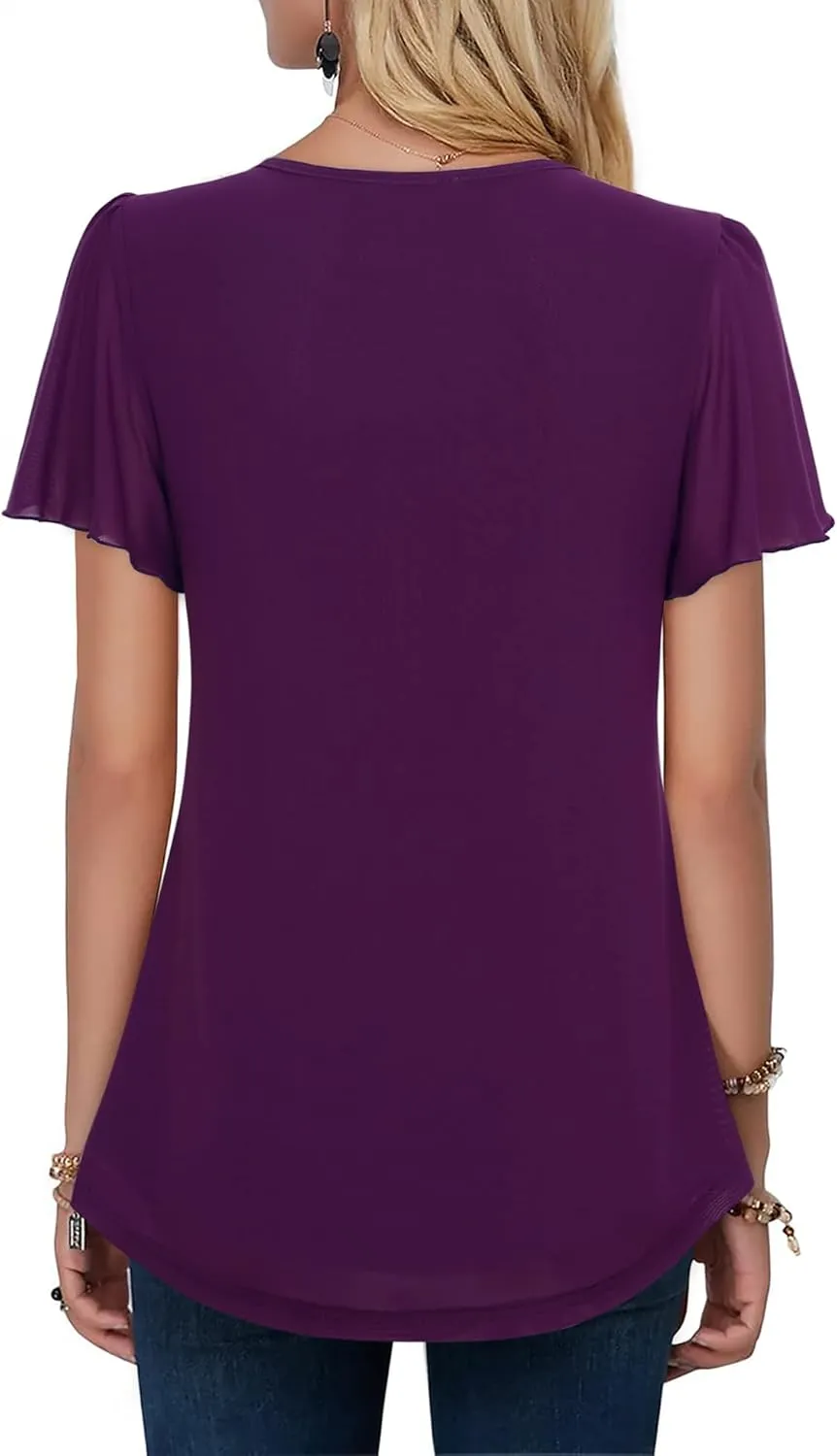 VALOLIA Womens Tops Short Sleeve Shirts Casual V Neck Blouse Double Layers Mesh Tunics Tops