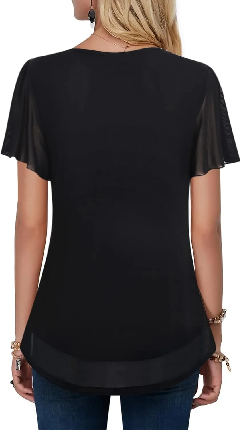 VALOLIA Womens Tops Short Sleeve Shirts Casual V Neck Blouse Double Layers Mesh Tunics Tops