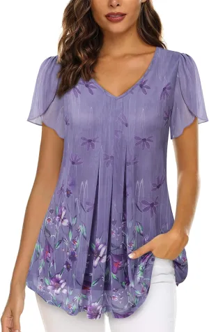 VALOLIA Womens Tops Short Sleeve Shirts Casual V Neck Blouse Double Layers Mesh Tunics Tops