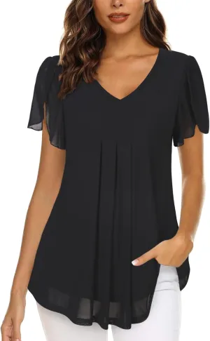 VALOLIA Womens Tops Short Sleeve Shirts Casual V Neck Blouse Double Layers Mesh Tunics Tops