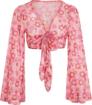 Verdusa Women's Boho 70s Tops Tie Front Bell Long Sleeve Floral Print Mesh Sheer Blouse Crop Tops