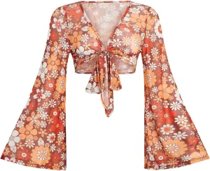 Verdusa Women's Boho 70s Tops Tie Front Bell Long Sleeve Floral Print Mesh Sheer Blouse Crop Tops