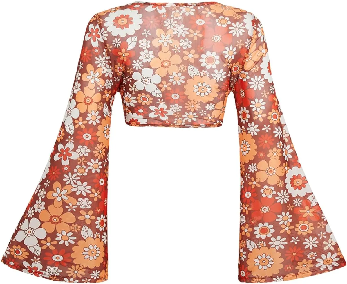 Verdusa Women's Boho 70s Tops Tie Front Bell Long Sleeve Floral Print Mesh Sheer Blouse Crop Tops