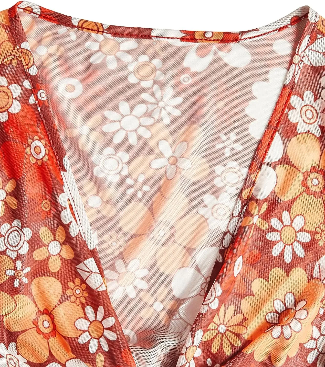 Verdusa Women's Boho 70s Tops Tie Front Bell Long Sleeve Floral Print Mesh Sheer Blouse Crop Tops