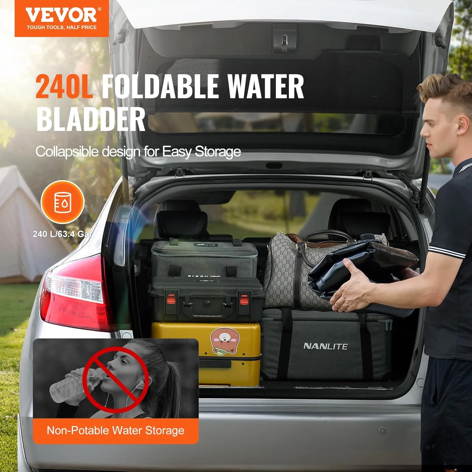 VEVOR 240L/63.4 Gallon Water Storage Bladder, Portable RV Water Tank, 1000D PVC Collapsible Water Storage Containers, Soft Water Storage Bag, Water Bladder, Fire Prevention, Camping, Emergency Water
