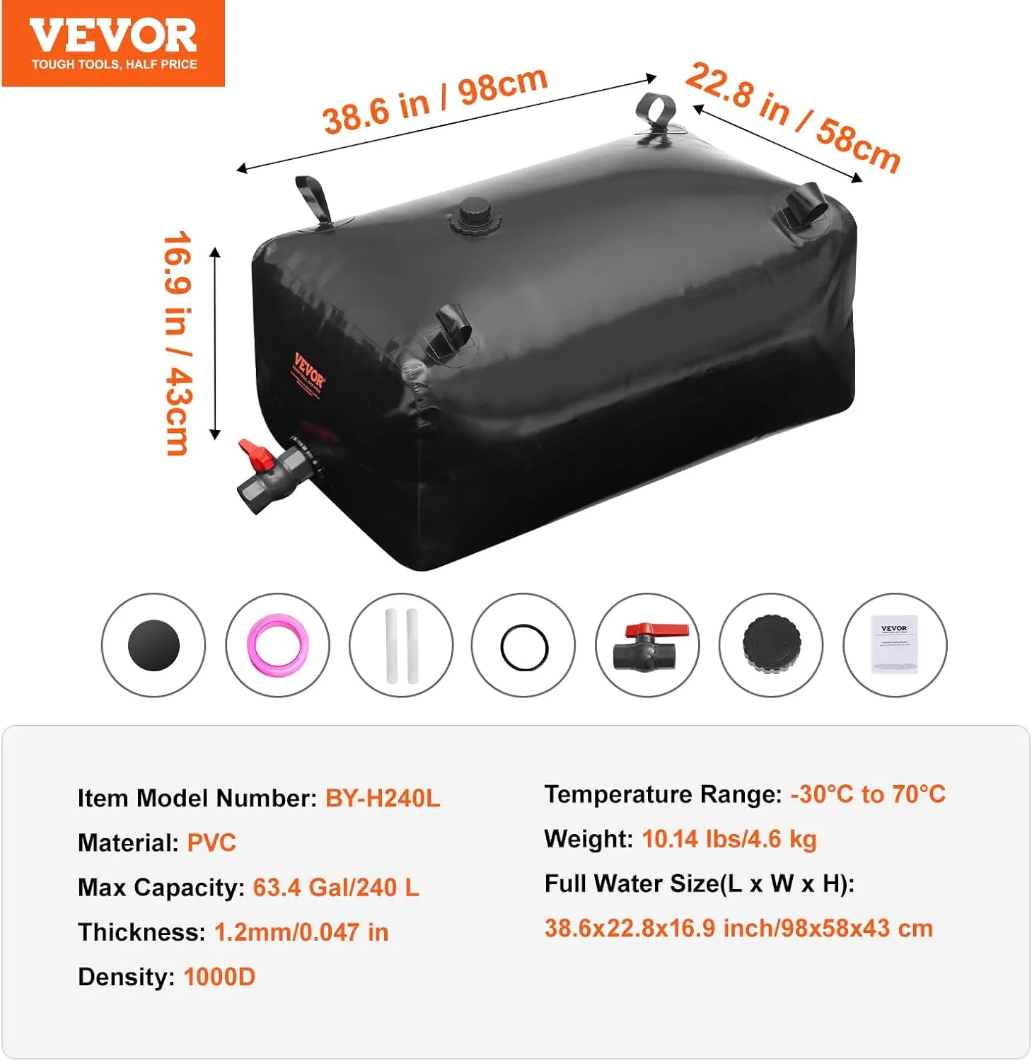 VEVOR 240L/63.4 Gallon Water Storage Bladder, Portable RV Water Tank, 1000D PVC Collapsible Water Storage Containers, Soft Water Storage Bag, Water Bladder, Fire Prevention, Camping, Emergency Water