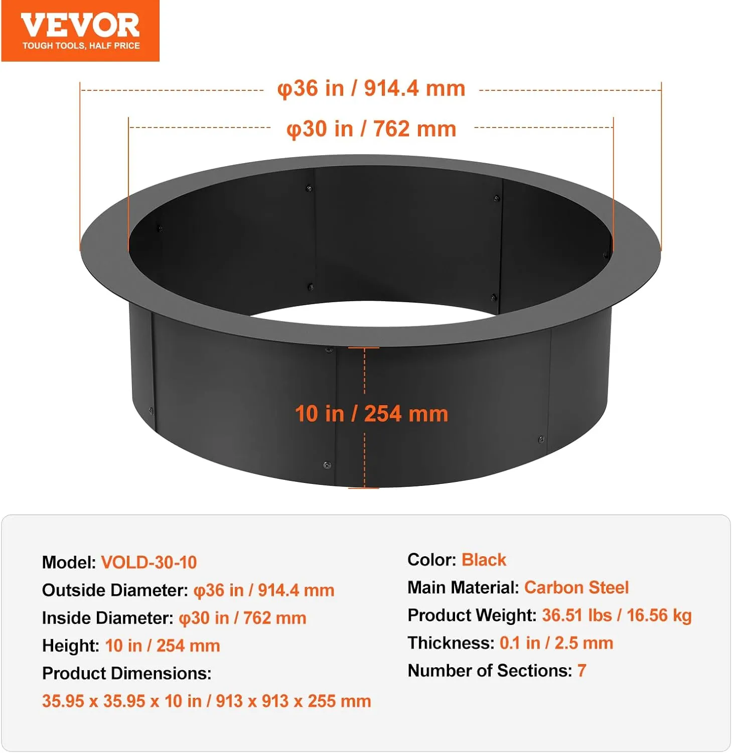 VEVOR Fire Pit Ring, 36-Inch Outer/30-Inch Inner Diameter, 10inch Height 2.5mm Thick Fire Pit Insert, Heavy Duty Carbon Steel Liner DIY Campfire Ring Above or In-Ground, for Outdoor Camping, Bonfires